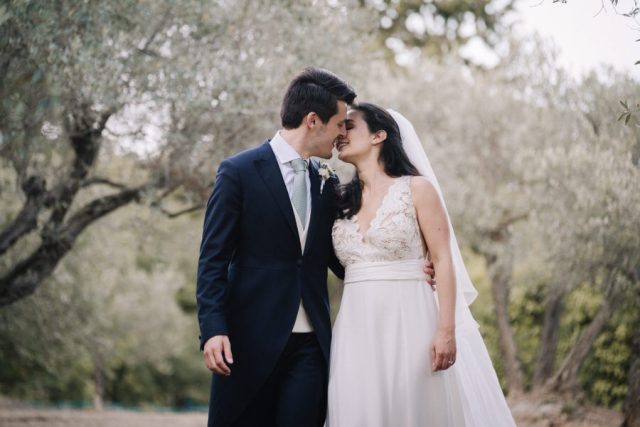Tendre baiser des mariés lors de leur séance photo dans un champ d'oliviers près d'Aix.